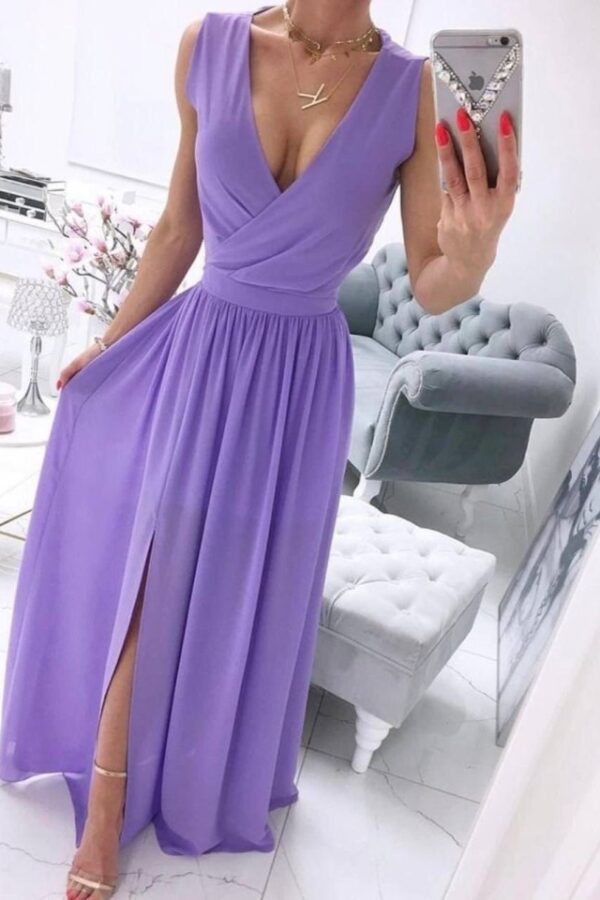 Kadın şifon Kumaş V Yaka Sıfır Kol Maxi Boy Elbise