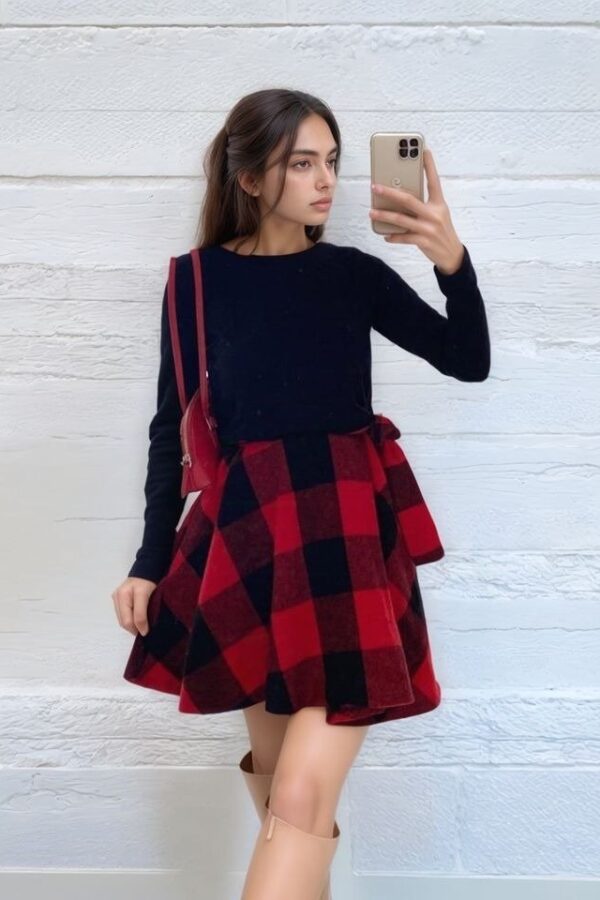 Kadın Uzun Kollu Bisiklet Yaka üst Viskon Alt Ekose Kısa Elbise