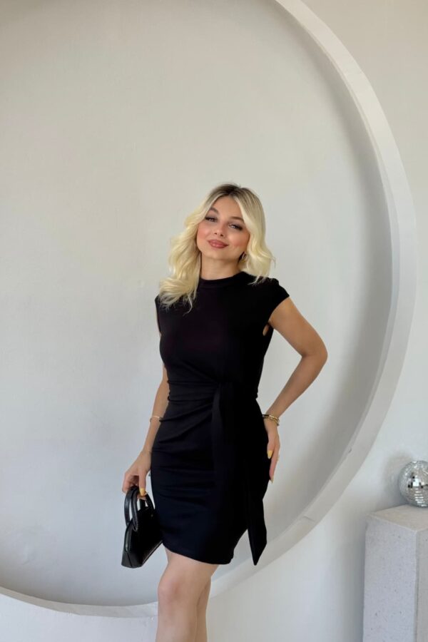 Kadın Kısa Kap Kollu Bisiklet Yaka Belden Bağlamalı Modal Mini Elbise