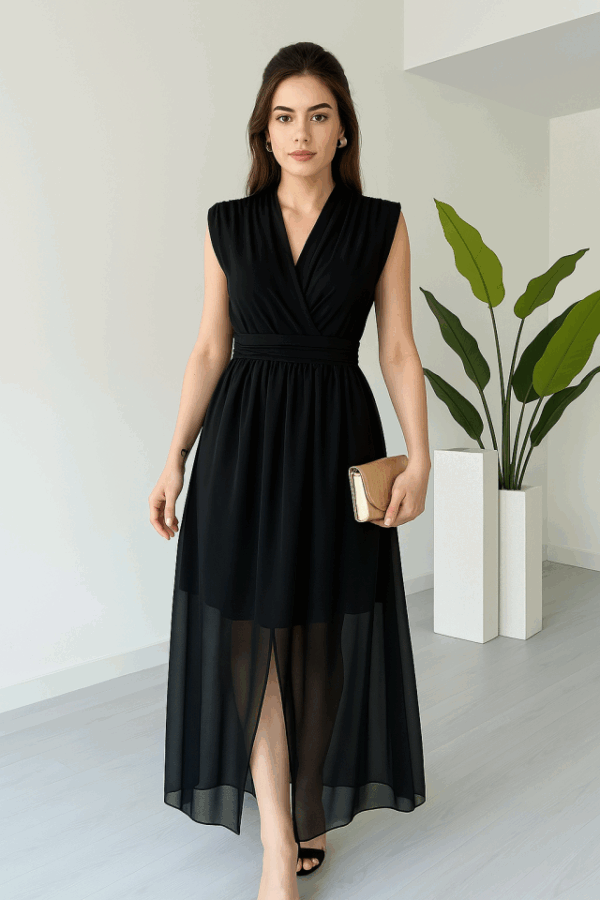 Kadın Vatkalı Şifon Kolsuz Kruvaze Yaka Yırtmaç Detaylı Şık Midi Elbise