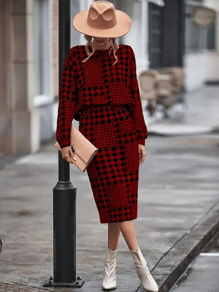 Kadın Uzun Kollu Bisiklet Yaka şardonlu Dalgıç Bluz Ve Yırtmaçlı Midi Etek Takım - Görsel 11