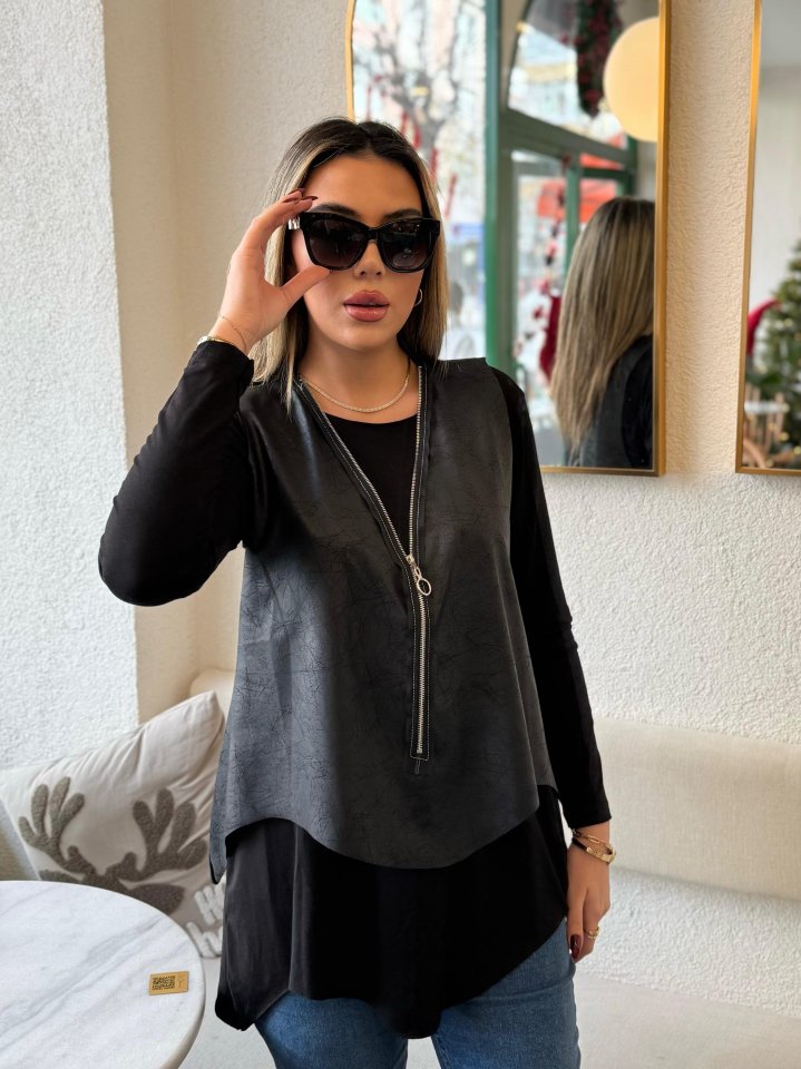 Kadın Uzun Kol Asimetrik Kesim Viskon Bluz Ve çatlak Deri Görünümlü Fermuar Detaylı Yelek Ikili Takım - Görsel 4