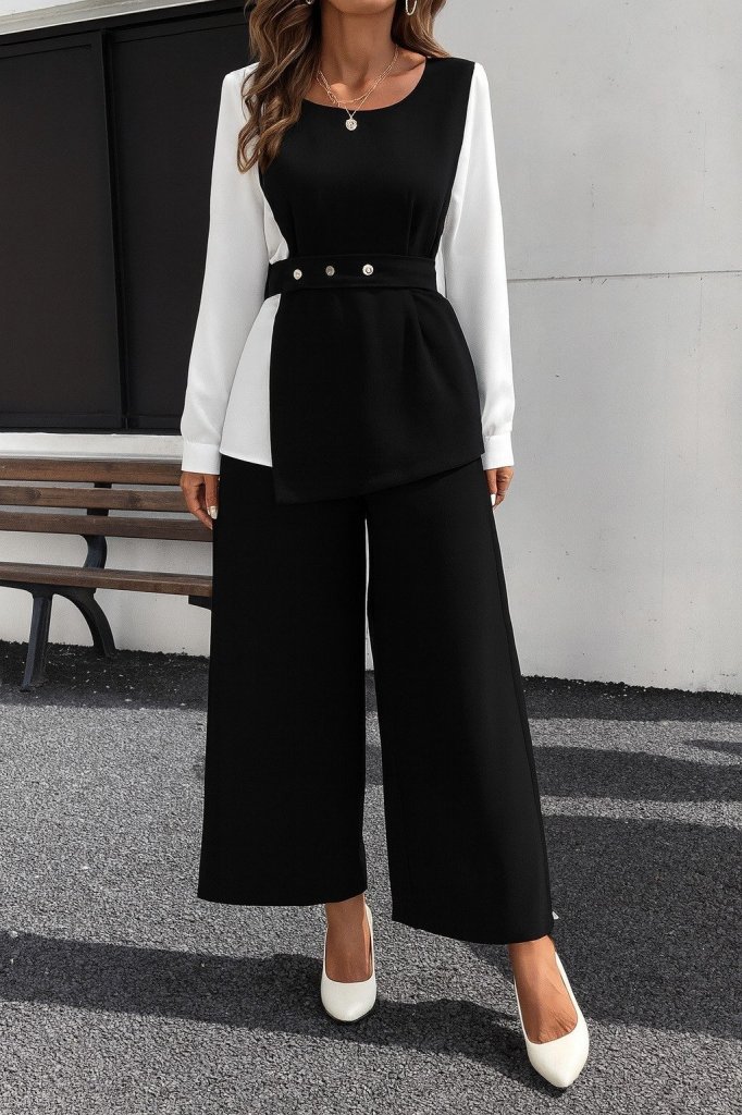 Kadın Uzun Kollu Açık Yakalı çift Renkli Kemerli Ithal Krep Ikili Takım - Görsel 6