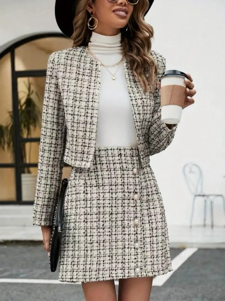 Kadın Uzun Kollu önü Açık Düğme Detaylı Dokuma Ceket Etek Ikili Takım - Görsel 6