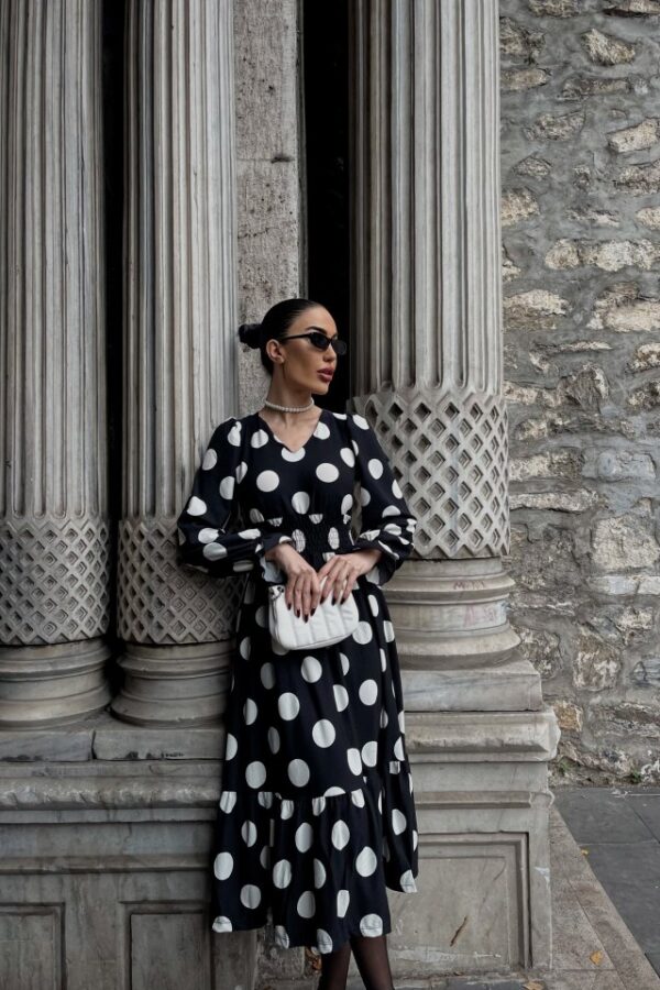 Kadın Uzun Kollu V Yakalı Beli Lastikli Puantiyeli Uzun Krep Elbise