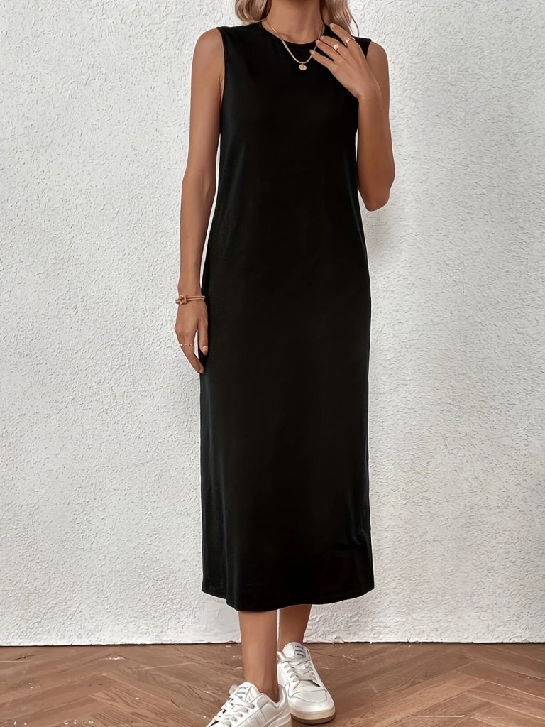 Kadın Sıfır Kollu Bisiklet Yaka Midi Viskon Iki Iplik Elbise - Görsel 2