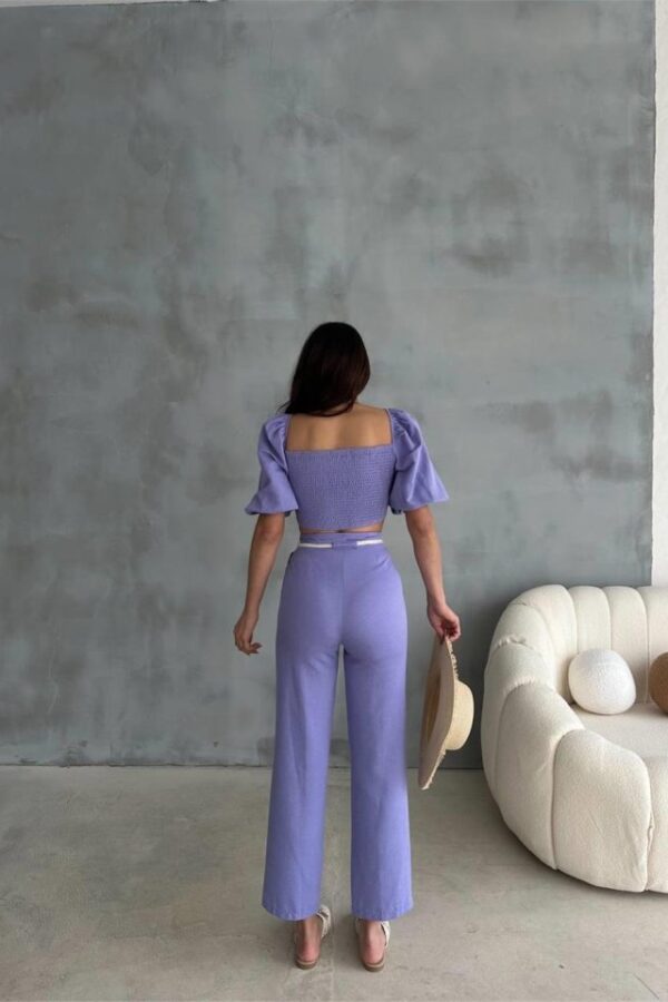 KETEN CROP KARPUZ KOL BLUZ-PANTOLON HASIR KEMERLİ - Mor