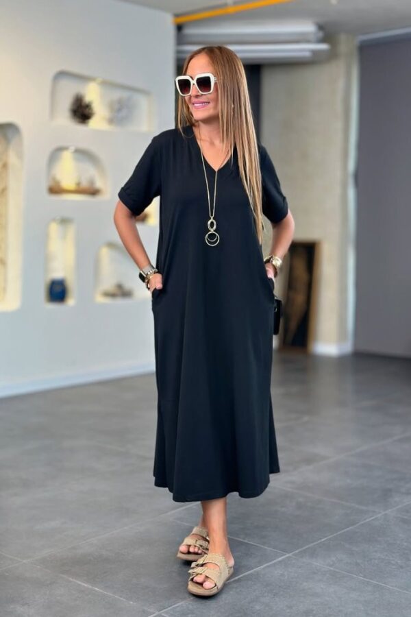 Kadın Kısa Kollu V Yakalı Cep Detaylı Uzun Viskon Iki Iplik Elbise