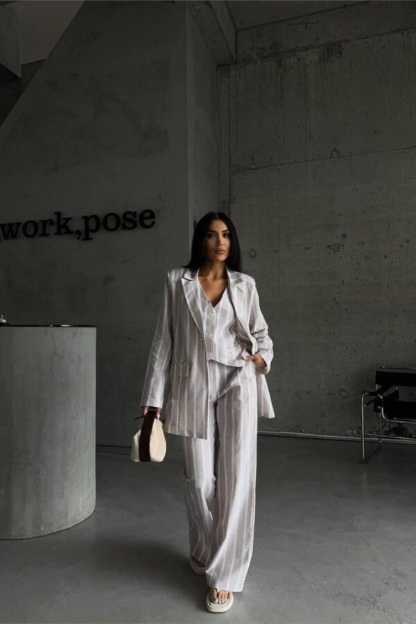 ÇİZGİLİ KETEN YELEK-PANTOLON TAKIM - Bej