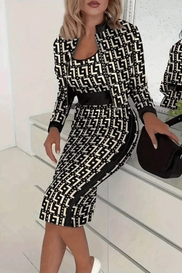 Kadın Uzun Kollu Askılı Yuvarlak Yaka Desenli Dalgıç Bluz Ceket Ve Etek üçlü Takım