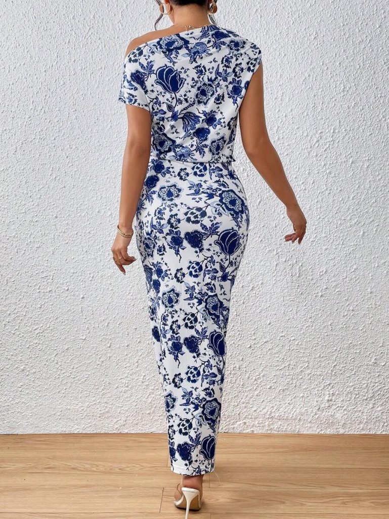 Kadın Tek Omuzu Açık Yırtmaçlı çiçek Desenli Süprem Elbise - Görsel 4