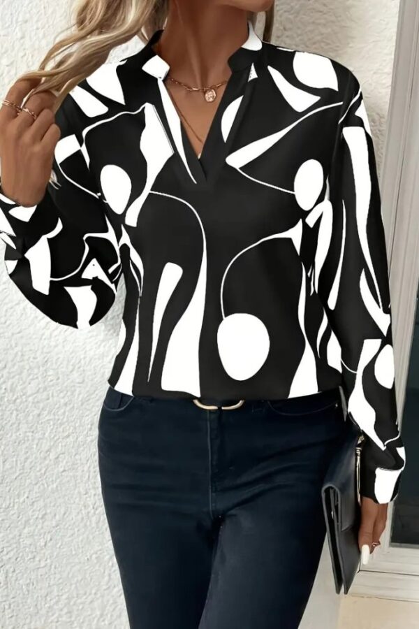 Kadın Uzun Kollu V Hakim Yakalı Desenli Dalgıç Bluz