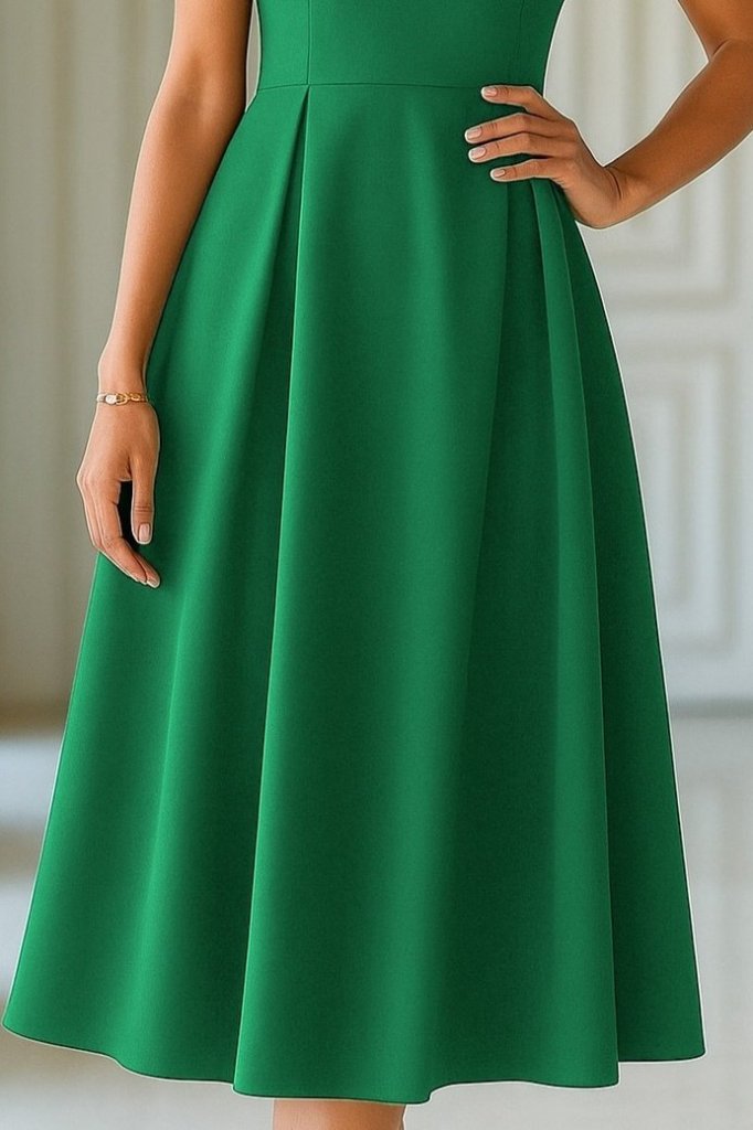 Kadın Kısa Kollu Yarı Balıkçı Yaka Pileli Janjan Krep Midi Elbise - Görsel 4