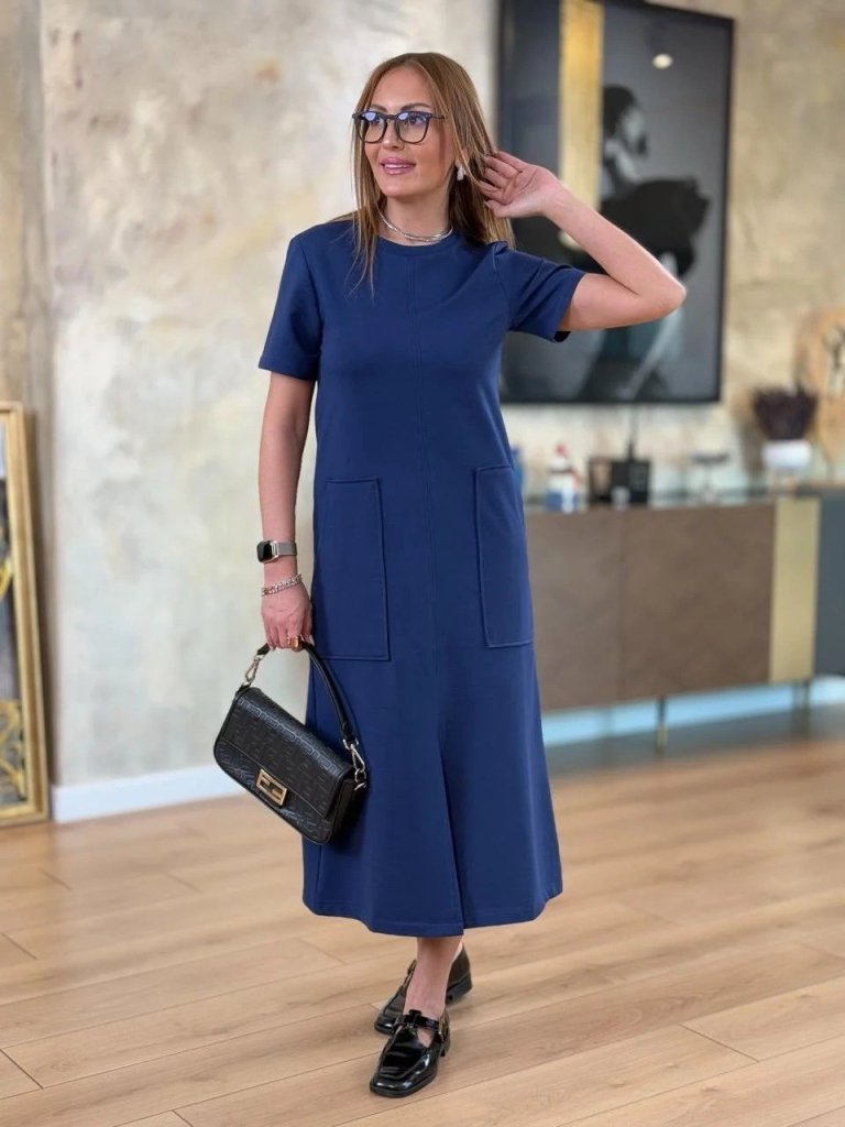 Kadın Kısa Kollu Bisiklet Yakalı Cepli önden Yırtmaçlı Viskon Iki Iplik Midi Elbise - Görsel 2