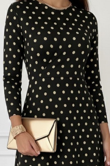 Kadın Uzun Kollu Bisiklet Yaka Puantiyeli örme Krep Midi Elbise - Görsel 2