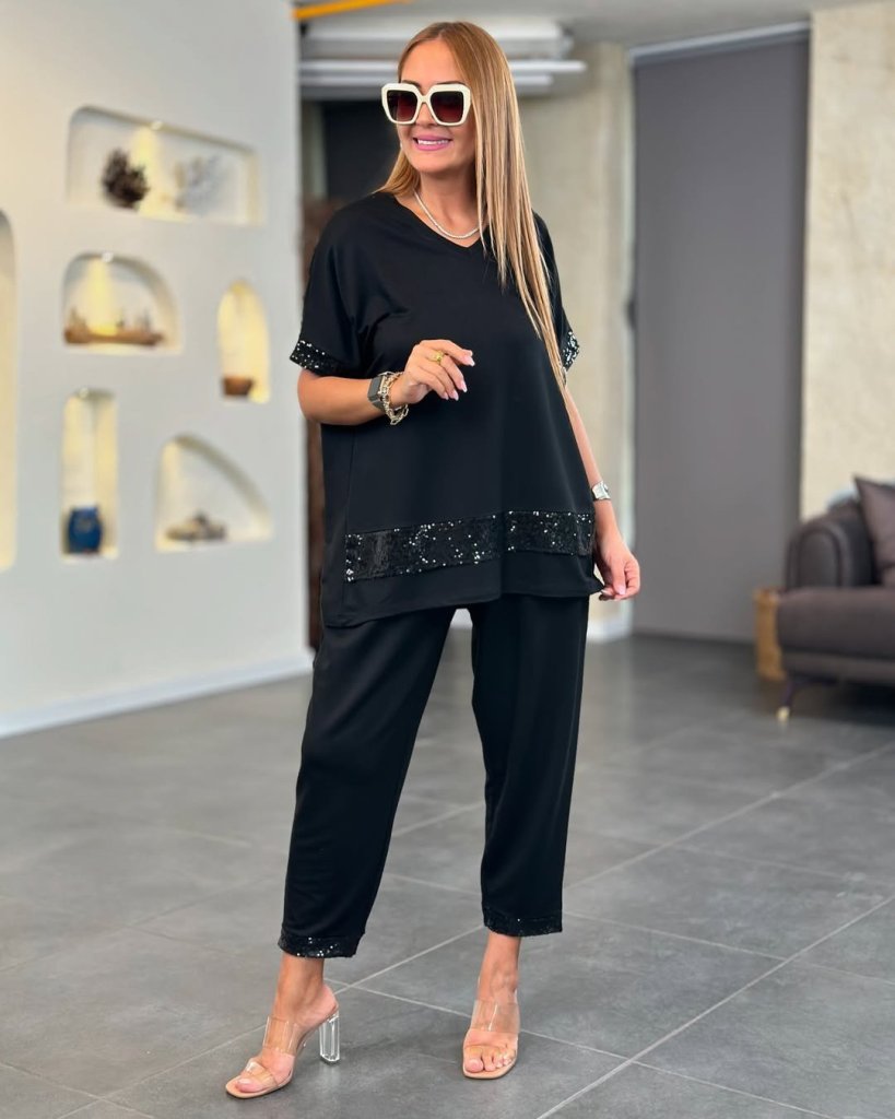 Kadın Kısa Kollu V Yakalı Pul Payetli Viskon Iki Iplik Bluz Ve Pantolon Ikili Takım - Görsel 2