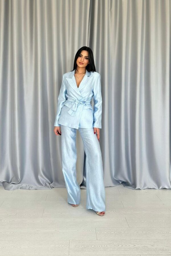 Mavi Beli Kuşaklı Ceket Ve Pantolon Parlak Takım