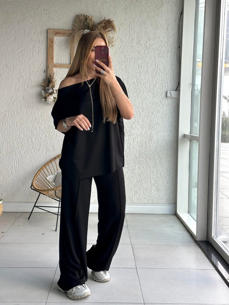 Kadın Tek Omuzdan Açık Geniş Kesim Viskon Iki Iplik Bluz Ve Pantolon Ikili Takım - Görsel 3