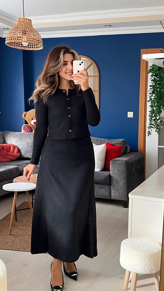 Kadın Uzun Kollu önden Düğmeli Bluz Ve Yüksek Bel A Kesim Uzun Etek şardonlu Kaşkorse Ikili Takım - Görsel 3