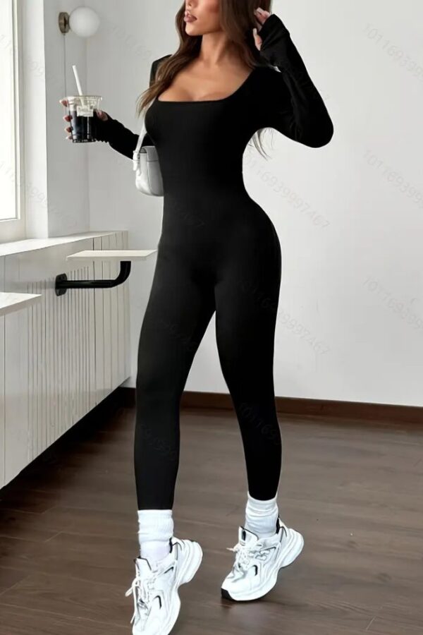 Kadın Uzun Kollu Kare Yakalı Fermuarlı Parmaktan Geçmeli Dalgıç Tulum