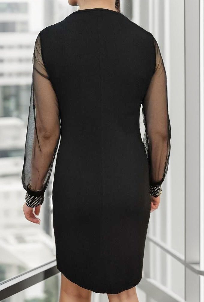 Kadın Uzun Kollu Bisiklet Yaka Kollar Tül Manşet Taş Işlemeli Krep Elbise - Görsel 6