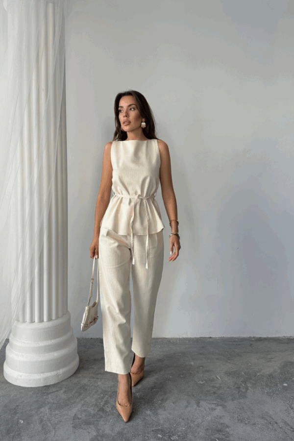 KETEN BLUZ - PANTOLON TAKIM MASSİMO MODELSCREAT KUMAŞ - Bej