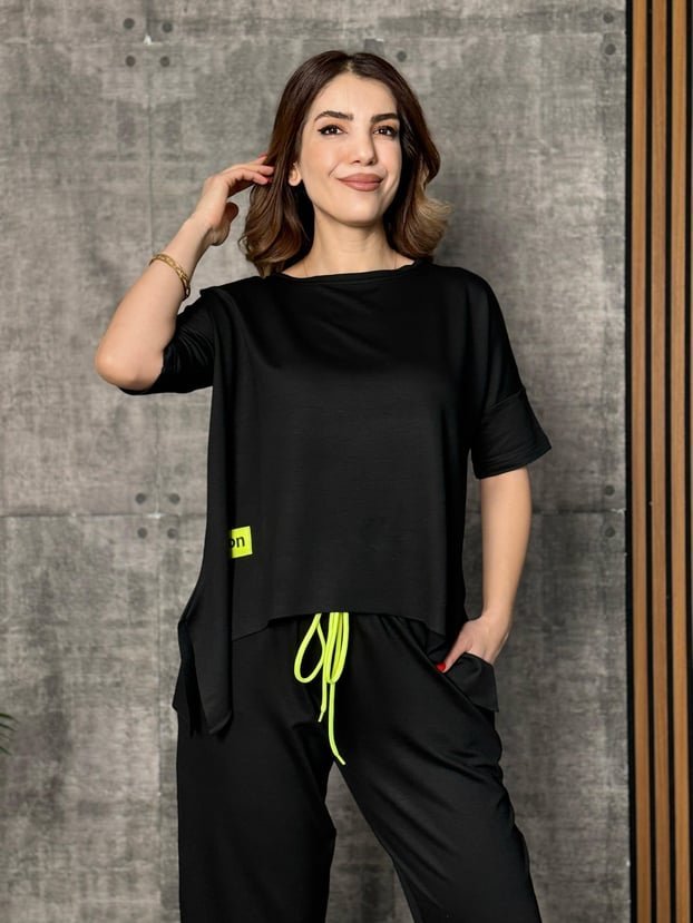 Kadın Kısa Kollu Bisiklet Yaka Viskon Iki Iplik Bluz Ve Pantolon Ikili Takım - Görsel 3