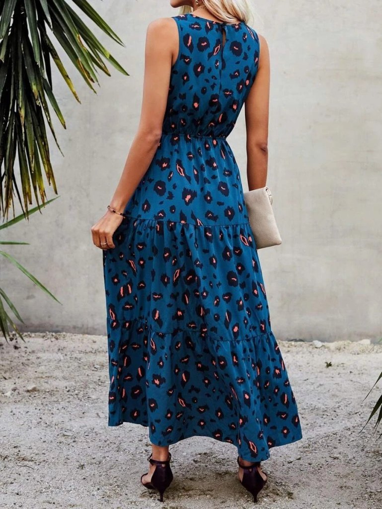 Kadın Kolsuz Bisiklet Yaka Beli Lastikli Desenli Süprem Elbise - Görsel 8