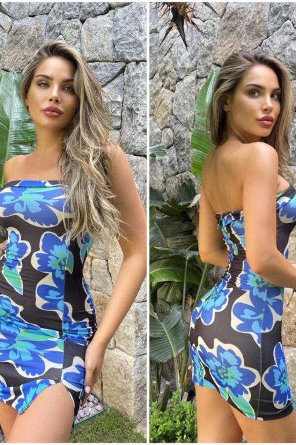 Kadın çiçek Deseni Yırtmaç Detay Fırsat ürün Mini Straplez Elbise