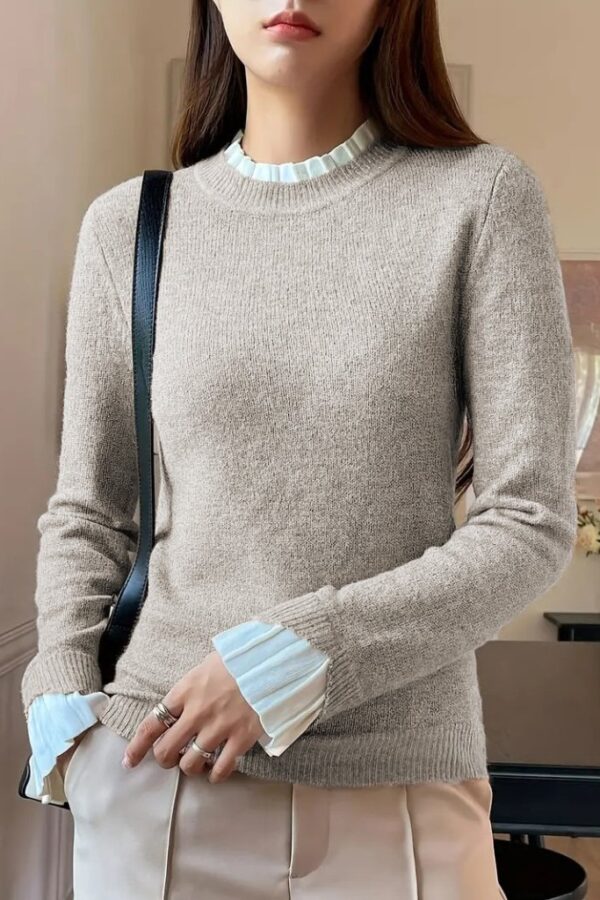 Kadın Uzun Kollu Fırfırlı Yakalı Triko Krem Bluz