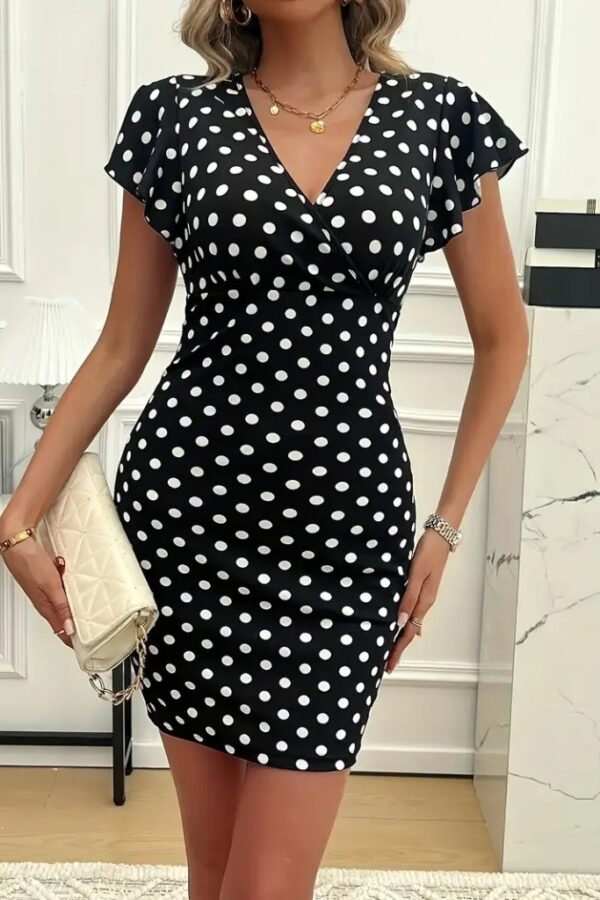 Kadın Kısa Kollu Kruvaze Yakalı örme Puantiyeli Krep Elbise