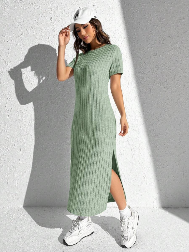 Kadın Kısa Kollu Bisiklet Yaka Yırtmaç Detay Fitilli Kaşkorse Tam Boy Elbise - Görsel 5