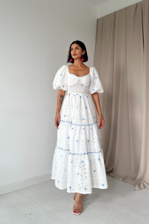 Lila Dantel Detaylı Brode Elbise