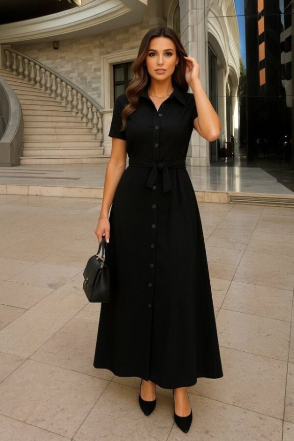 Kadın Kısa Kollu Yakalı önden Düğmeli Beli Kuşaklı Ithal Keten Elbise