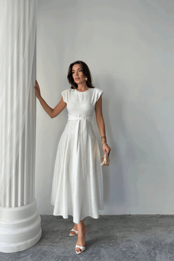 JAKAR KETEN VATKALI ELBİSE - Beyaz