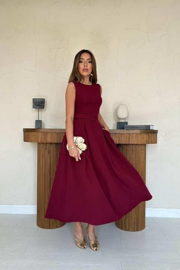 Ekru Halter Yaka Kloş Elbise