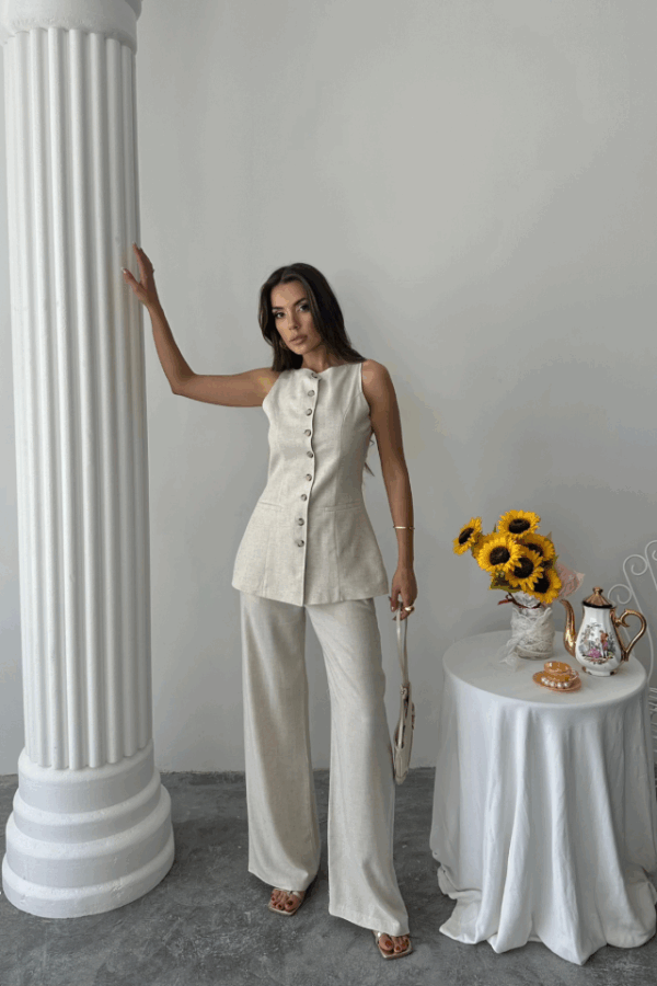 KETEN YELEK - PANTOLON TAKIM - Taş