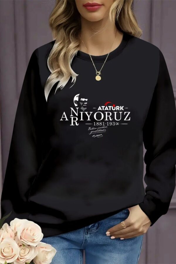 Kadın Uzun Kollu 10 Kasım Atatürkü Anma Gününe Özel Viskon İki İplik Kumaş Sweat