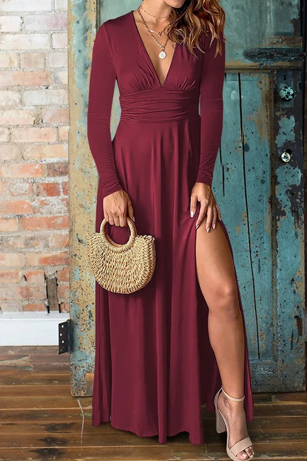 Kadın Uzun Kollu V Yakalı Belden Büzgülü Yırtmaçlı Uzun Viskon Elbise - Görsel 3