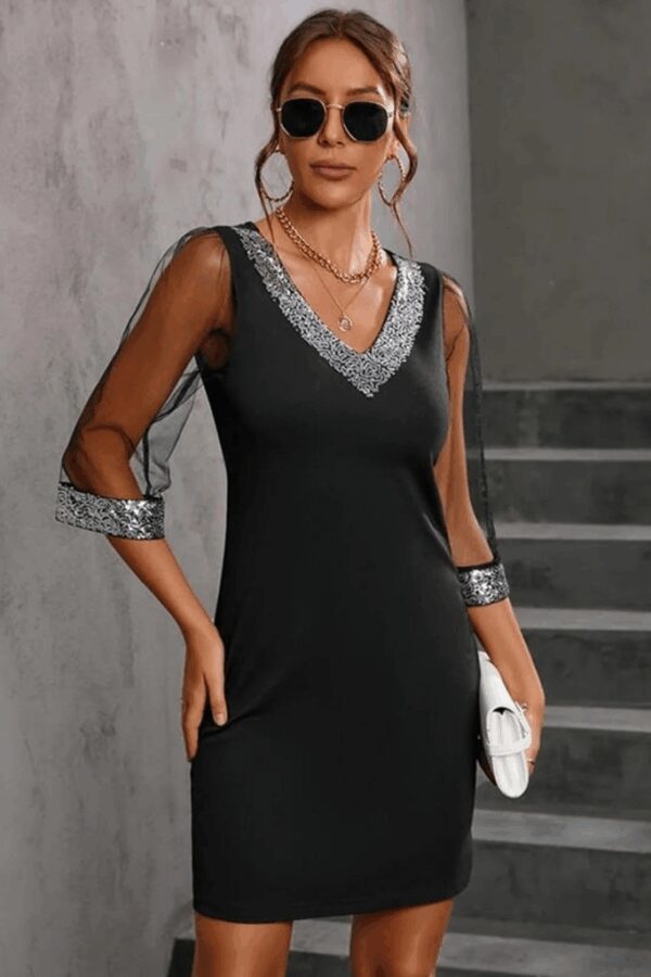 Kadın Uzun Kollu V Yaka Ve Kol Ucu Pul Payet Krep Elbise