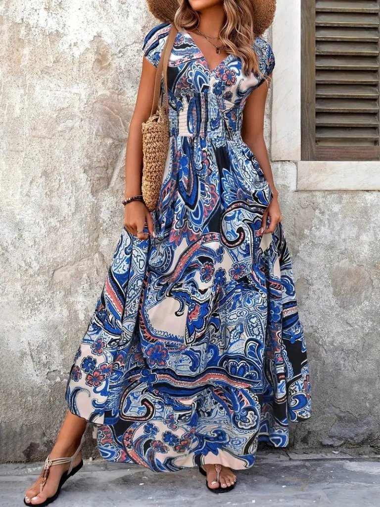 Kadın Kısa Yarasa Kanat Kollu V Yakalı Beli Büzgülü Süprem Elbise - Görsel 2