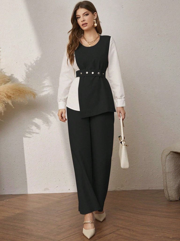 Kadın Uzun Kollu Açık Yakalı çift Renkli Kemerli Ithal Krep Ikili Takım - Görsel 9