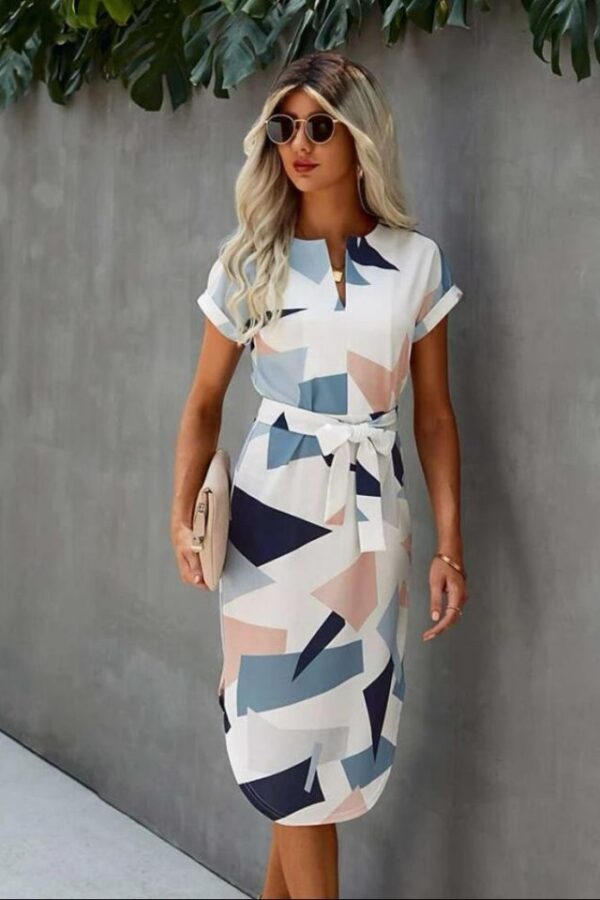 Kadın çentik Yaka Geometrik Desen Baskılı Mikro Kumaş Midi Moy Elbise