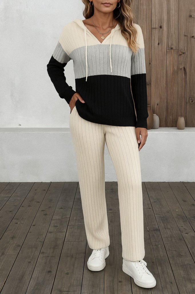 Kadın Uzun Kollu Kapşonlu Bağcıklı Blok Renkli şardonlu Kaşkorse Bluz Ve Pantolon Ikili Takım - Görsel 6