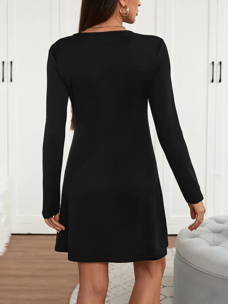 Kadın Uzun Kollu V şerit Yakalı Kısa Viskon Iki Iplik Elbise - Görsel 2