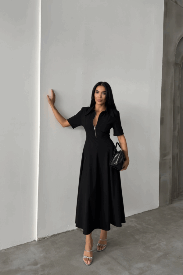POLYVİSKON ELBİSE KISA KOL YAKA VE FERMUAR DETAYLI - Siyah