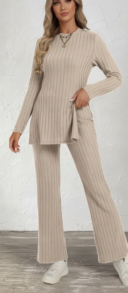 Kadın Uzun Kollu Bisiklet Yaka Yandan Yırtmaçlı şardonlu Kaşkorse Bluz Ve Pantolon Ikili Takım - Görsel 6