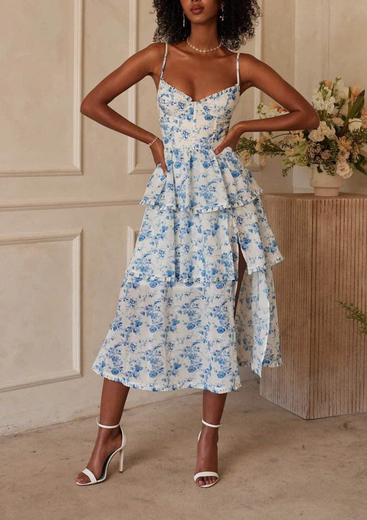 Kadın Askılı Dekolteli Yırtmaç Detay çiçek Baskılı Süprem Midi Elbise - Görsel 5