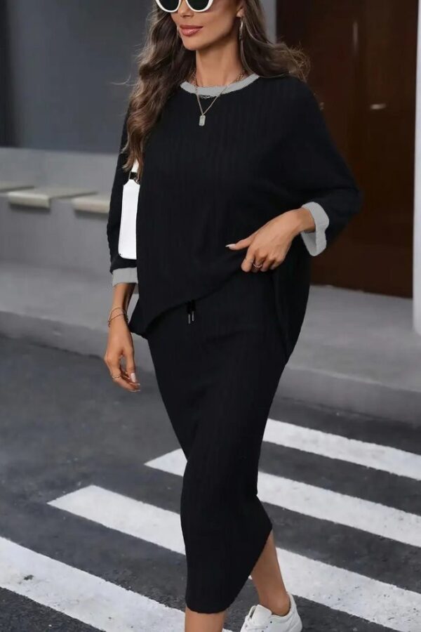 Kadın Uzun Kollu Yakası Açık şardonlu Kaşkorse Bluz Ve Eteği Bağcıklı Ikili Takım