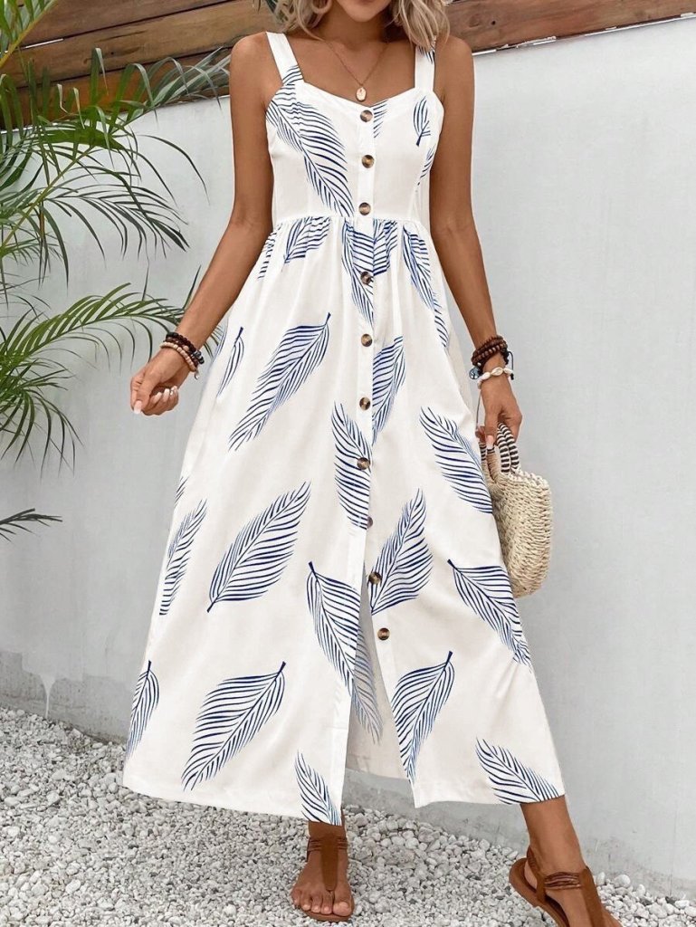 Kadın Askılı önden Düğmeli Yaprak Desenli Uzun Süprem Elbise - Görsel 5